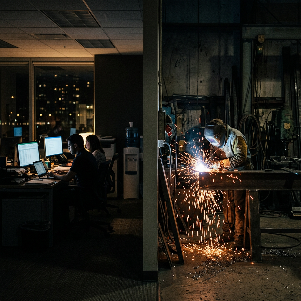 Office workers at desks with computers and a welder working with sparks in an adjacent workshop